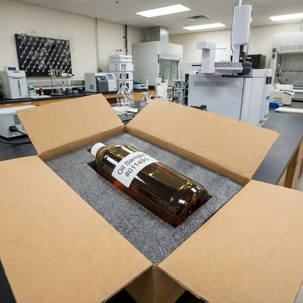 Oil Analysis PET Bottle for Shipping Oil Testing Analysis PET bottle laying down flat in a shipping box. The bottle is surrounded by foam to prevent it from being damaged in transport.